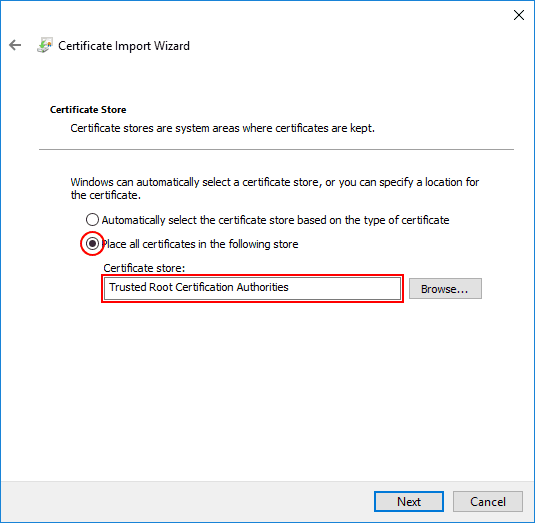 Screenshot of the Select Certificate Store page of the Certificate Import Wizard